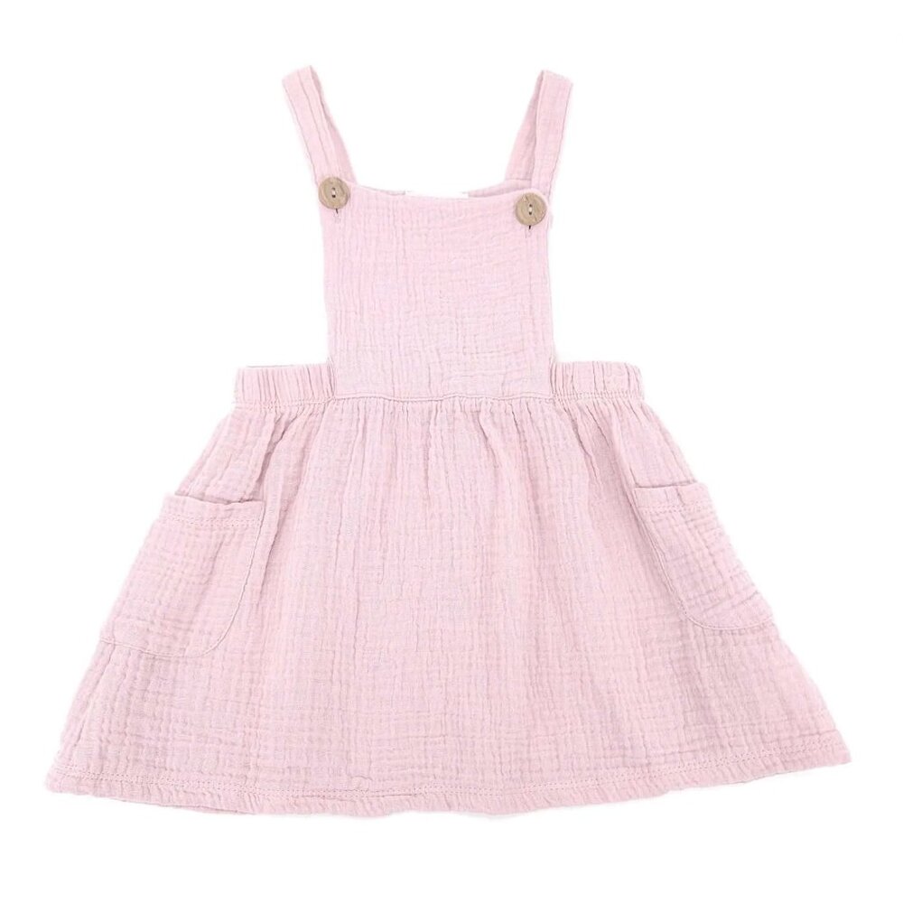 Rabbit + Bear Organic Jumper Pinafore Dress Dungaree Skirt Rose Pink Muslin 3-6